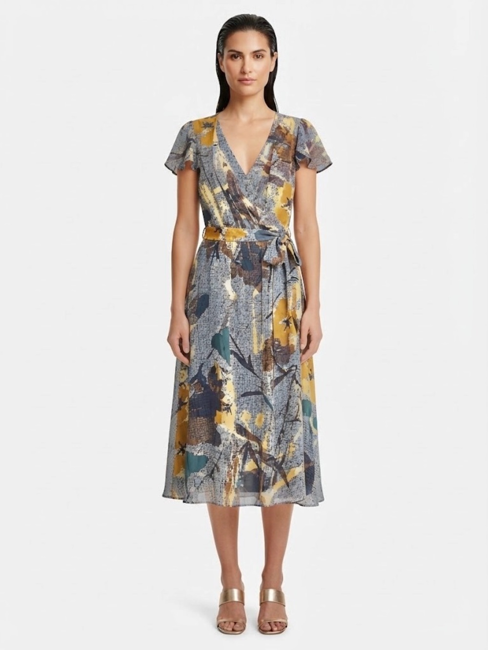 Anthropologie Maeve Silk Flutter Sleeve Abstract Floral Print Midi Dress Size 6